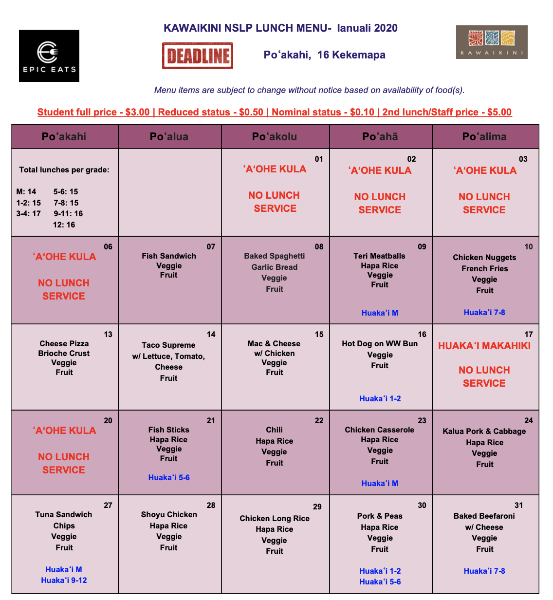 January 2020 Lunch Menu